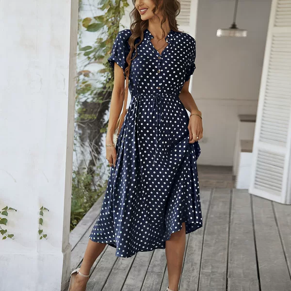 Di Yun 2026 Spring/Summer Cross-Border European and American Style Casual Vacation Polka Dot Print High Waist Tie Dress Women's Fashion
