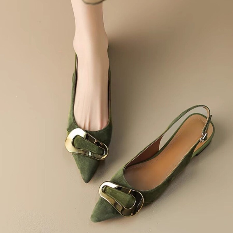 French-Style Retro Metal Buckle Flat Shoes for Women, New Summer Model, Closed-Toe Sandals, Pointed Toe, Elegant Shallow Mouth Single Shoes