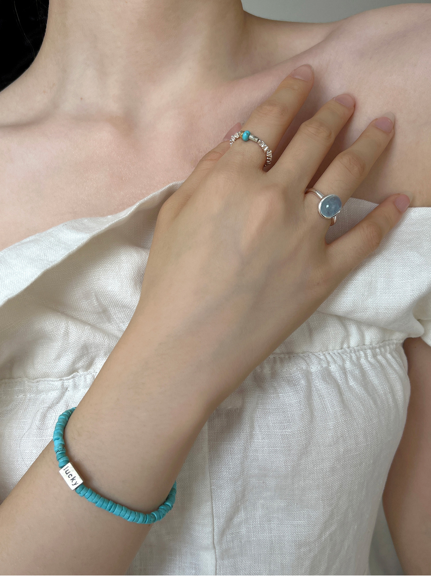 Aquamarine Gemstone And Brushed Silver Ring Set For Women_voghion.com