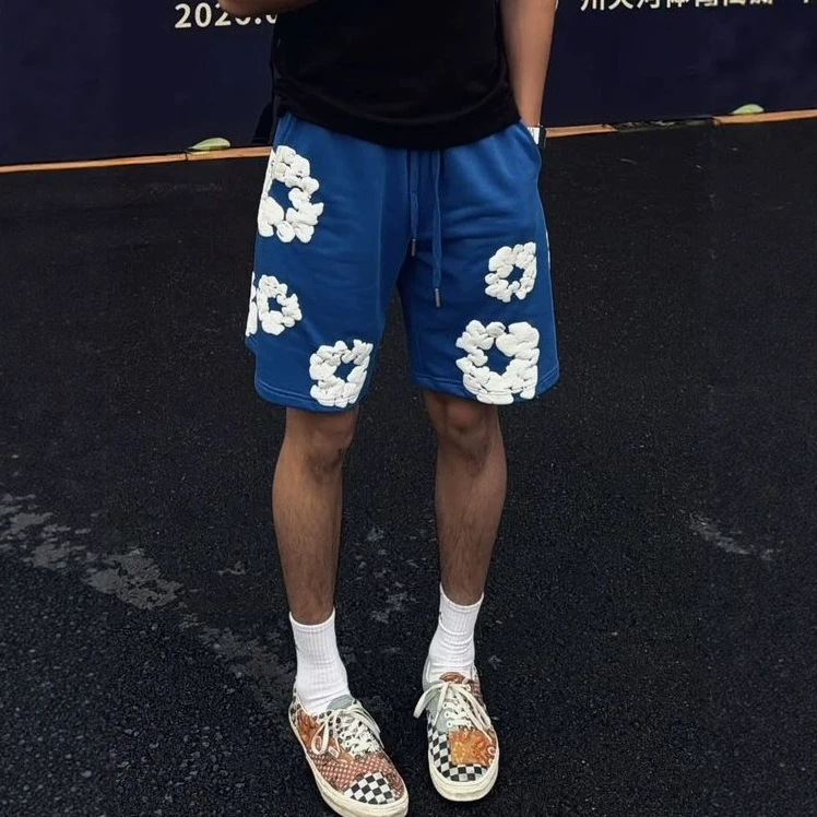 Blue Patterned Printed Sports Straight Shorts for Men and Women, Summer Casual Pants, Versatile Loose Trendy Pants