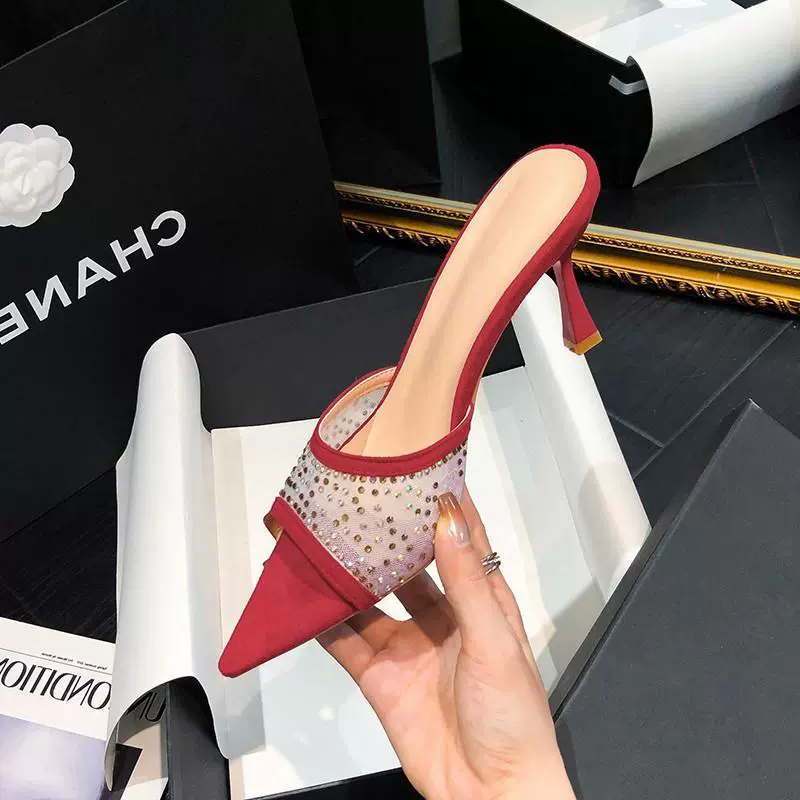 Модные сандалии со стразами с открытым носком и открытым носком, женские сексуальные европейские и американские остроносые трансграничные сетчатые тапочки на шпильке на высоком каблуке