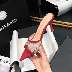 水鑽露趾魚嘴時裝涼拖鞋女歐美性感尖頭跨境網紗高跟一字細跟拖鞋