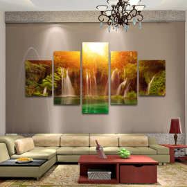 现代简约五联绿树瀑布风景 喷绘画 创意沙发背景墙装饰画挂画油画