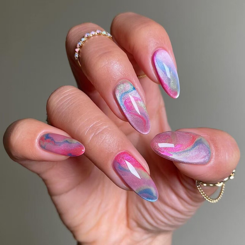 European and American Style Cross-Border Nail Art Pieces, Painted and Smudged Cat-Eye Wearable Nails, Almond Water Drop Fake Nails, Removable Finished Products