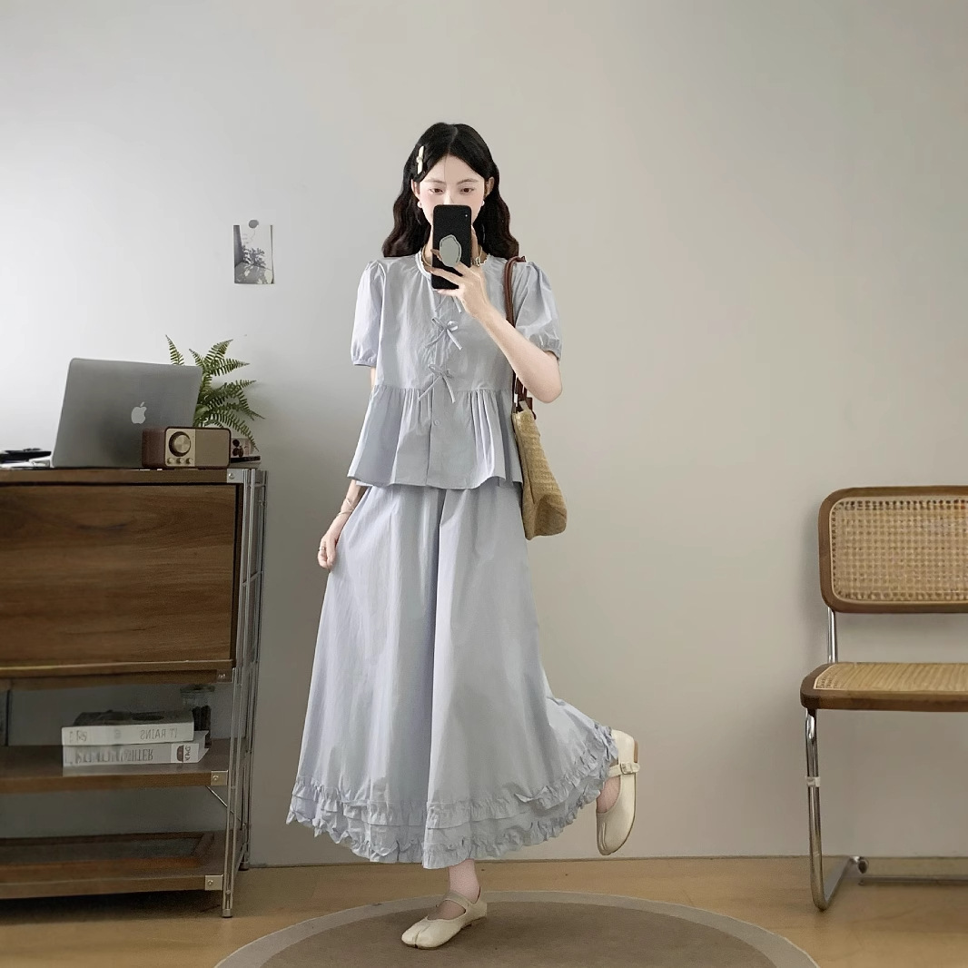 Plus Size Korean Sweet Age-Reducing Bow Short-Sleeved Loose Doll Shirt + Skirt Women's Flesh-Covering Fashion Suit