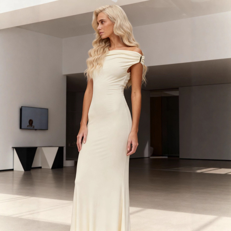 European and American Elegant Cross-Border Slim Women's Clothing, One-Shoulder Pleated Dress, Gentle Slimming Long Skirt, Elegant Style