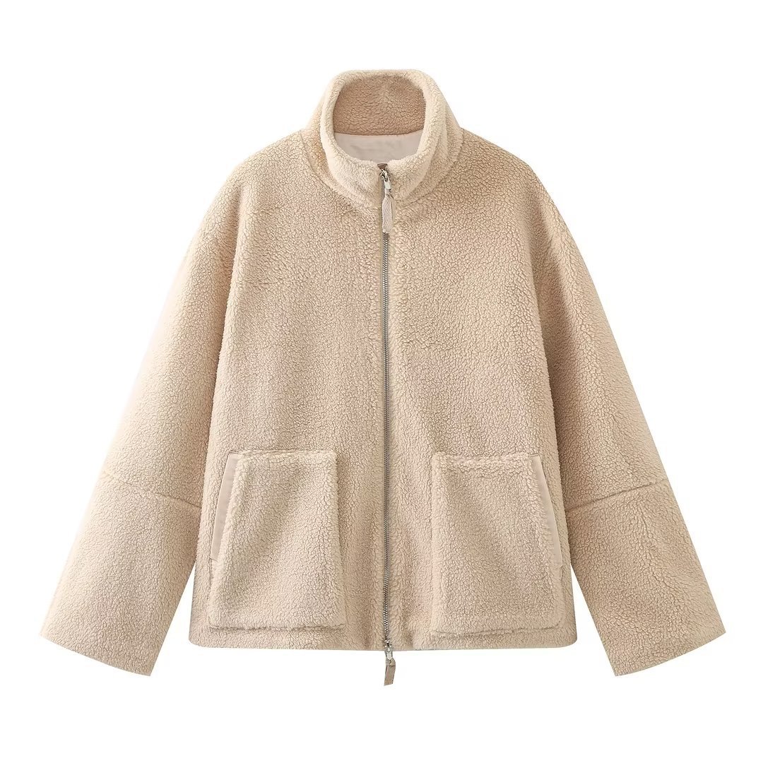 Frauen Kleidung herbst und winter neue frauen kleidung einfarbig faul stil lamm wolle hohe kragen wolle mantel M6257_voghion.com