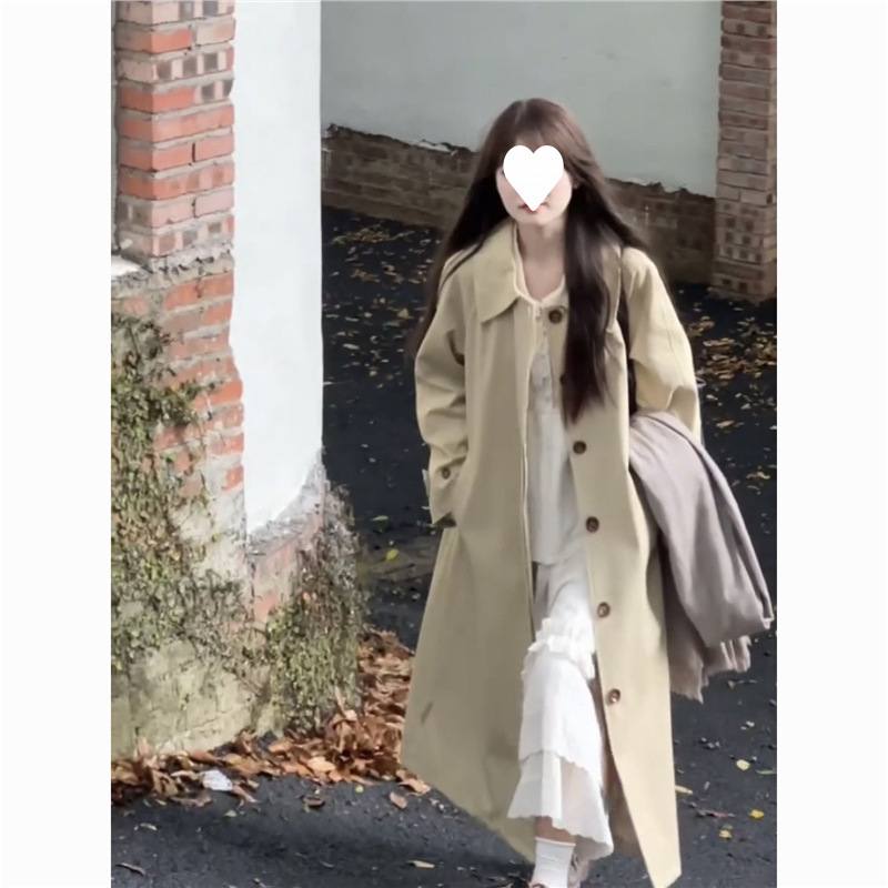 极简风少女韩系翻领风衣女秋冬新款卡其色高级廓形中长款气质大衣