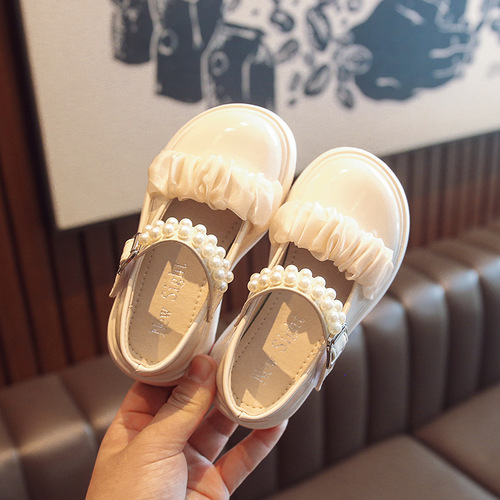 Girls' small leather shoes 2024 spring and autumn new style little girls solid color Pearl Princess performance shoes small, medium and large children's leather shoes
