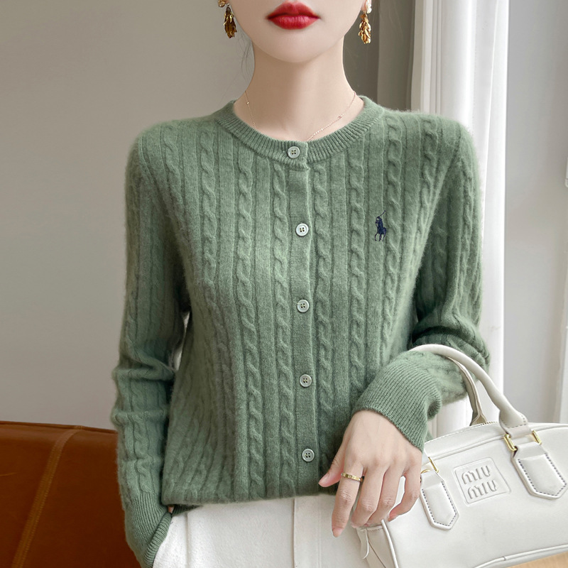 秋冬针织衫外套拉夫新款复古小马刺绣圆领麻花针织毛衣上衣开衫A