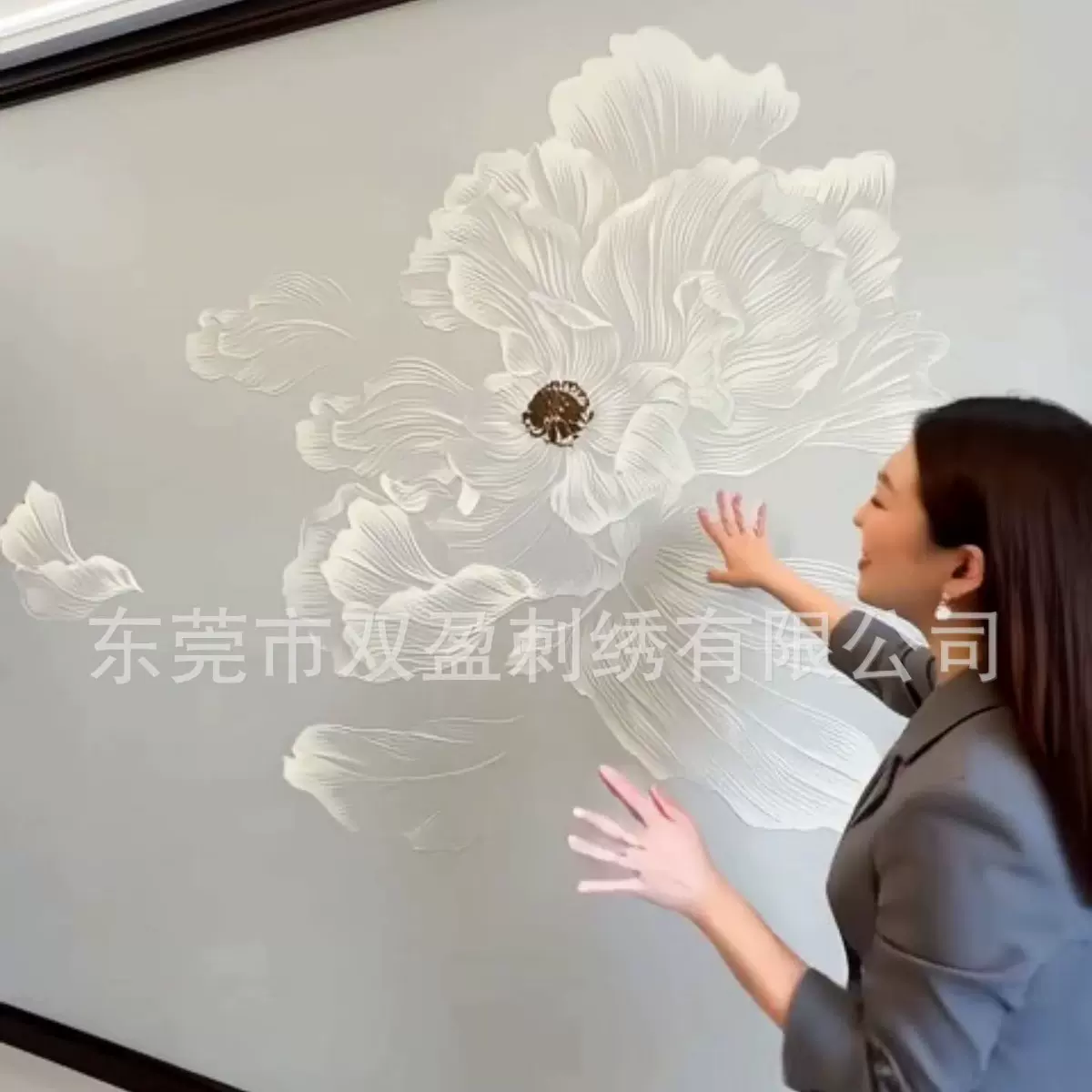 欧式刺绣壁画硬包白牡丹背景墙电视沙发床头客厅白芙蓉软包背景墙