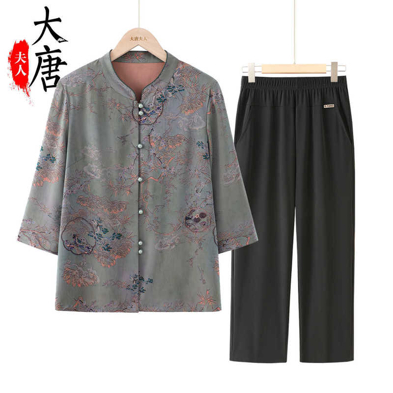 Middle-Aged and Elderly Women's Spring and Summer Clothing, Grandma's Chinese Style Shirt, Three-Quarter Sleeve Elegant Mother's Top, Clothes for the Elderly and Old Ladies