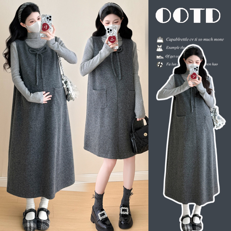 Autumn and winter Korean-style maternity base shirt + round-neck patchwork bow pocket loose tank dress maternity two-piece set Autumn and winter Korean-style maternity base shirt + round-neck patchwork bow pocket loose tank dress maternity two-piece set