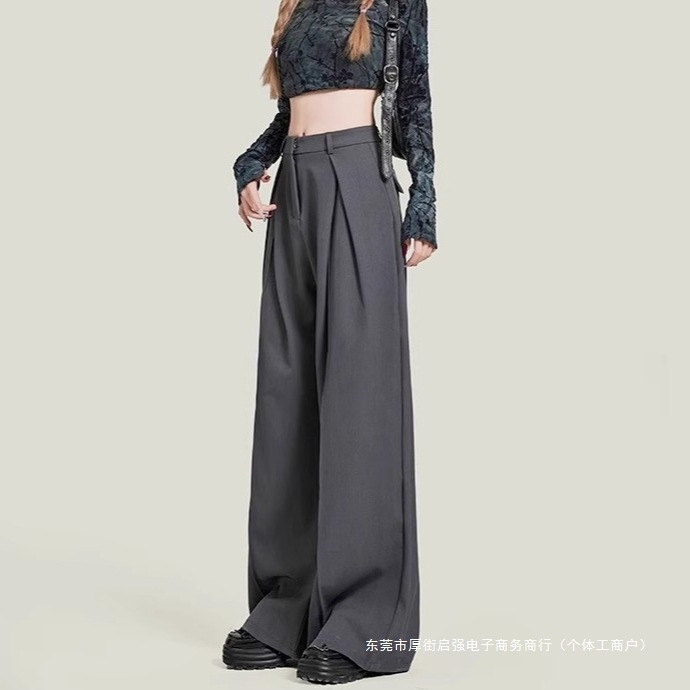 跨境2024年新款灰色西装裤女大码垂感宽松直筒裤高腰显瘦休闲阔腿