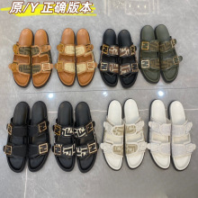 FD字母情侣一字拖金属扣拖鞋女夏季外穿休闲复古百搭老花帆布厚底