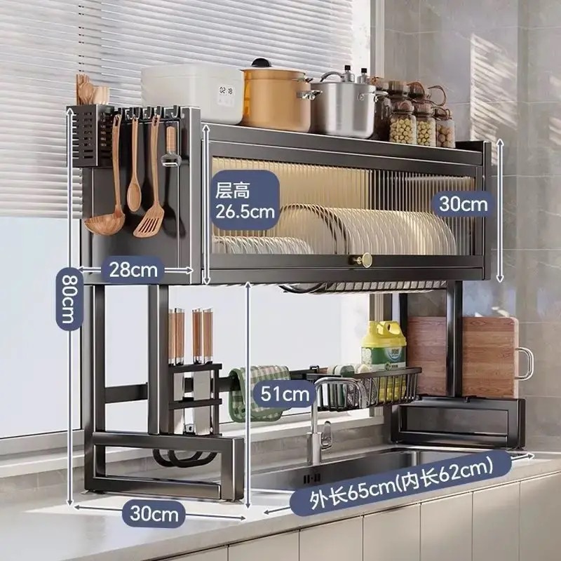 Cocina fregadero de drenaje rack doble capa lavavajillas encimera estante a prueba de polvo cubierta almacenamiento estante palillos tubo armario