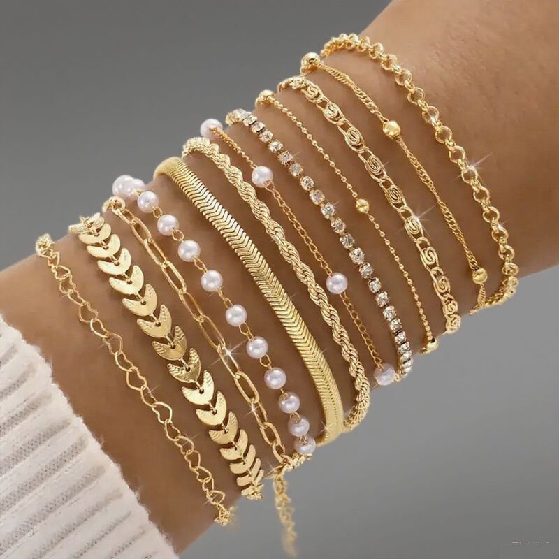 Cross-Border Hot-Selling Italian 12-Piece Fashionable Versatile Bracelet Set with Diamond Aircraft Chain Pearl Heart Twist Chain Bracelet