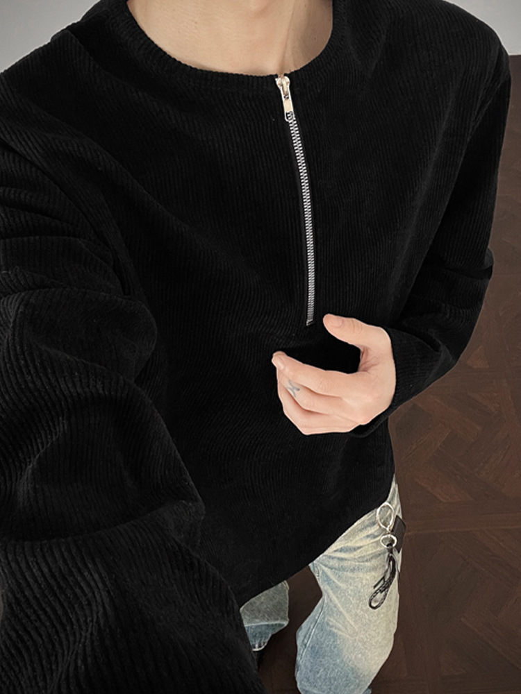 American Style Corduroy Half Zip Henley Long Sleeve T-shirt_voghion.com