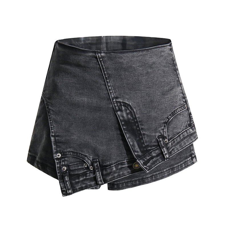 Short en jean taille haute délavé pour femme, extensible, patchwork, ourlet brut, style streetwear_voghion.com