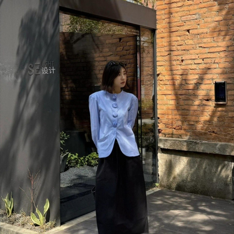 Beverly Hills 2025 Early Autumn New Arrivals Niche Design Two-Color Round-Neck Curved Shirt Top Beverly Hills 2025 Early Autumn New Arrivals Niche Design Two-Color Round-Neck Curved Shirt Top