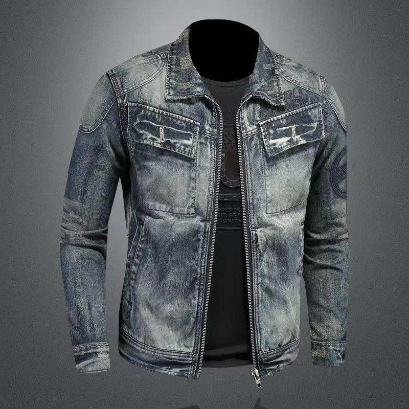 Motorcycle Suit Tough Guy Men's Denim Jacket American Vintage High-end Embroidered Light Luxury Design Jacket Top Men