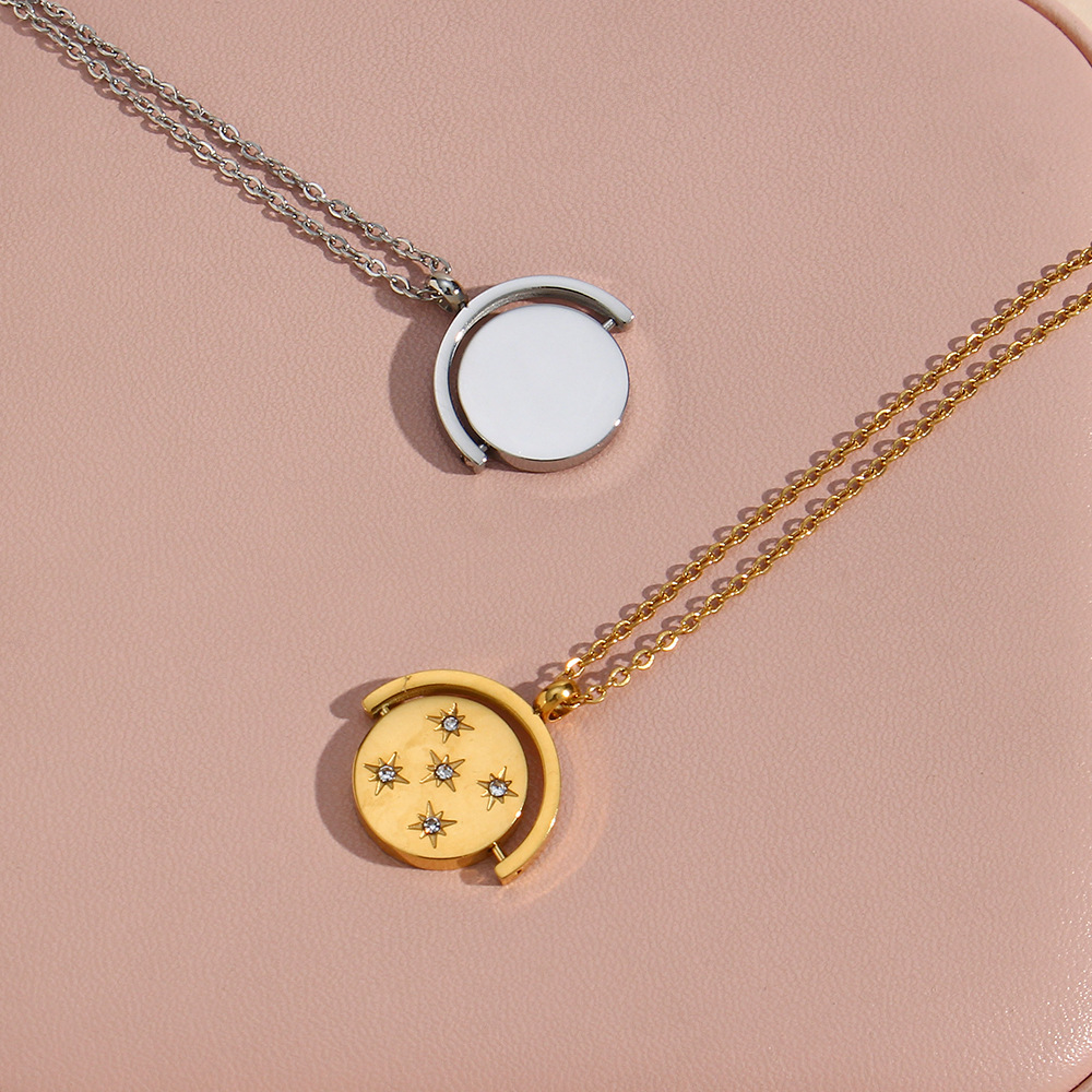 Fashion Cool Inlaid Zirconium Round Pendant Star Semicircle Rotating Stainless Steel Necklace display picture 2