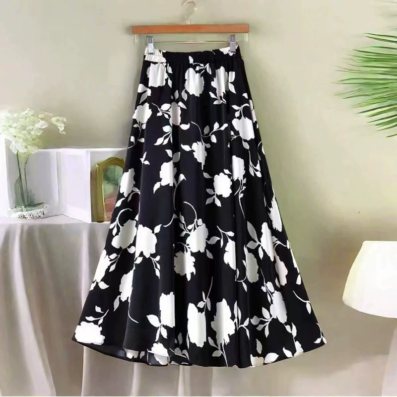 Новая весенне-осенняя юбка с розовым принтом в стиле ретро, ​​женская тонкая юбка средней длины с цветочным принтом, юбка