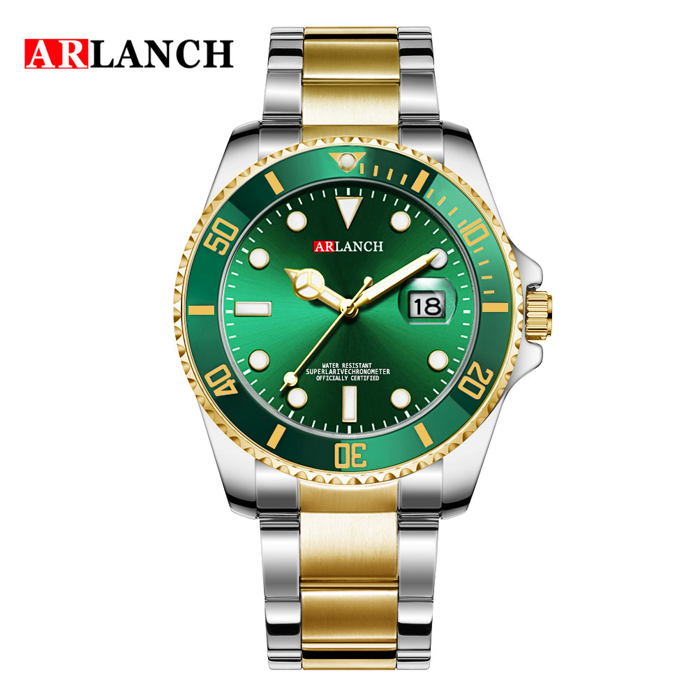 Nuevo calendario impermeable Lux hombres de negocios reloj de oro verde agua fantasma correa de acero reloj arlanch 306
