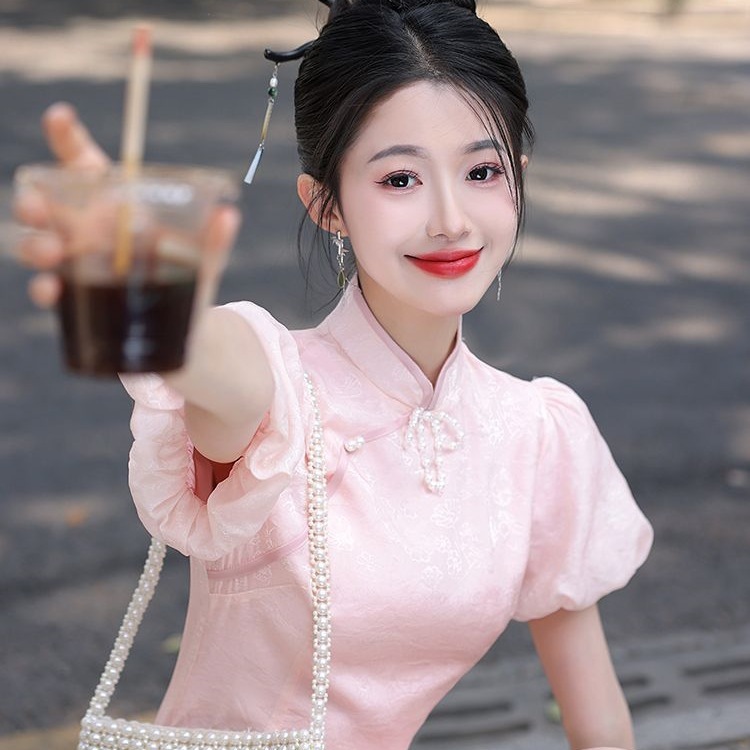 粉色旗袍改良年轻款少女小个子新中式日常可穿连衣裙2025新款夏季|undefined