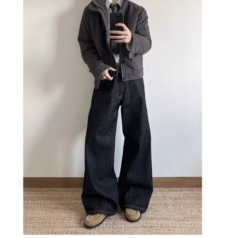 专供新款老钱风黑色赤耳窄幅红边原牛直筒微喇阔腿休闲A字牛仔裤