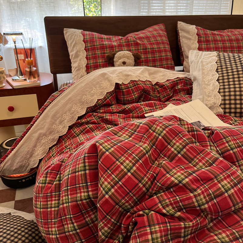 Nordisch-französischer Vintage-Boho-Stil, versandkostenfrei. Französische Bettwäsche-Garnitur der Klasse A aus doppellagigem Baumwollgaze, vierteilig, Vintage-Karomuster. Reine Baumwolle._voghion.com