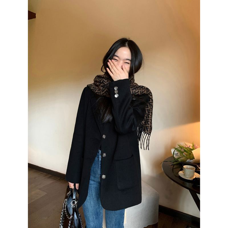 pusumede 黑色毛呢西装外套女新款高级气质韩系复古宽松西服上衣|undefined