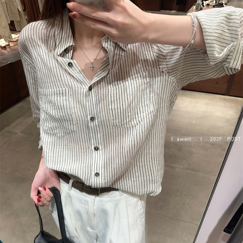 肥柒柒大码透薄感条纹衬衫女春秋新款长袖衬衣休闲韩版外套潮|undefined