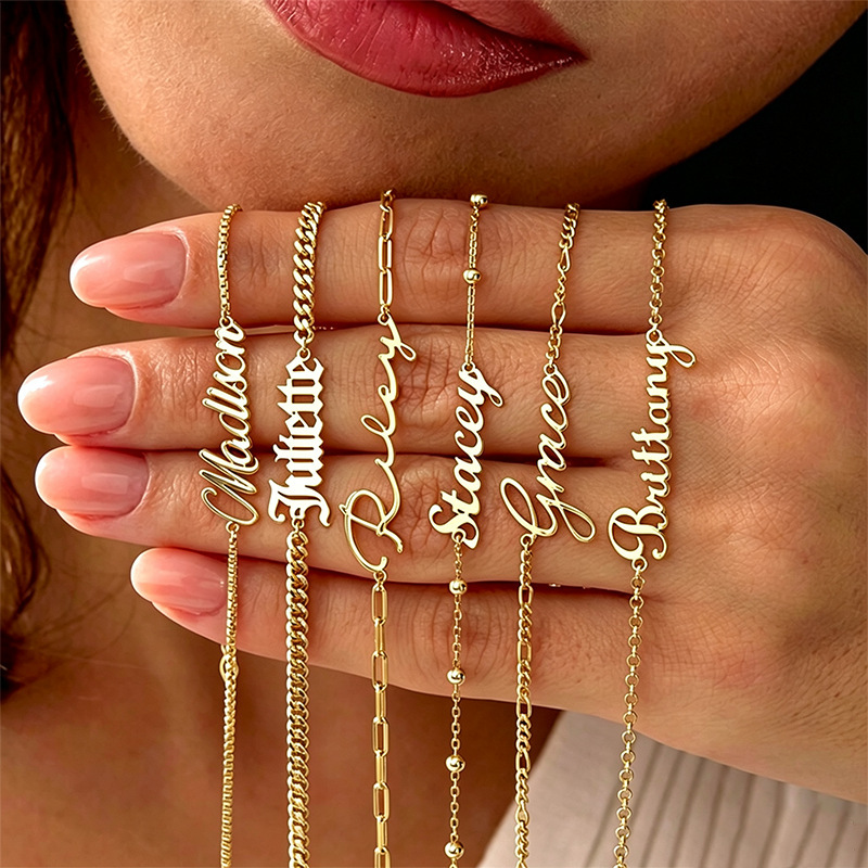 Cross-border Etsy custom stainless steel English name bracelet, fashionable 18K gold plated multi-chain artistic font gift