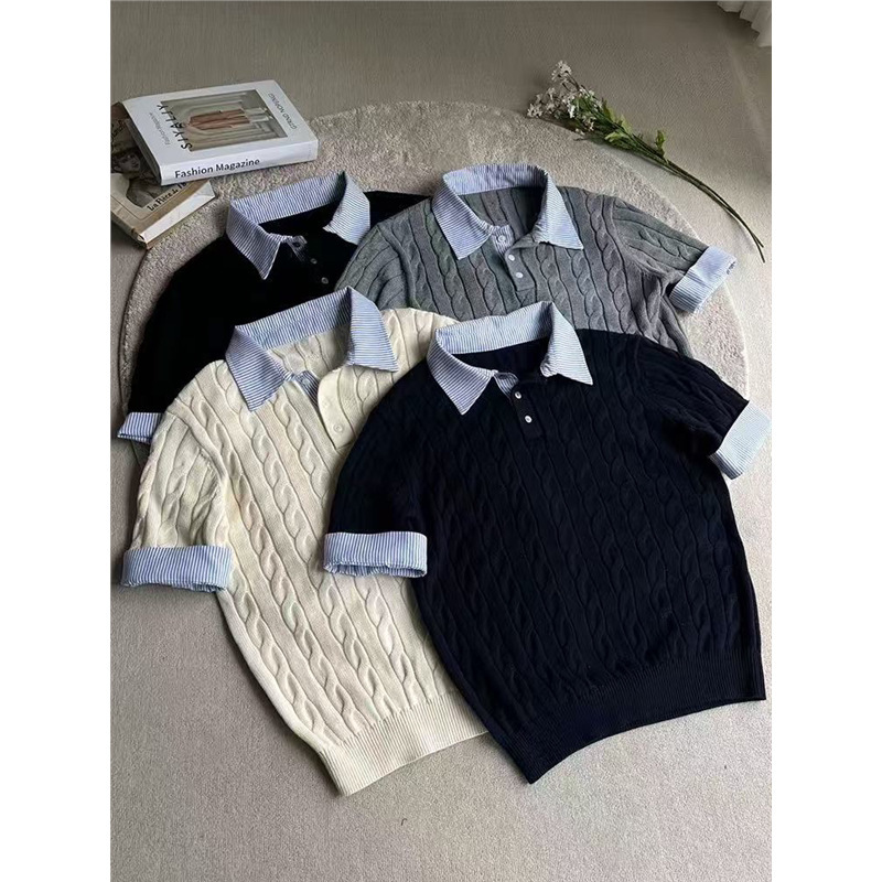 Old Money Style Faux Two-Piece Polo Shirt for Men, Summer Cable Knit Short-Sleeve Shirt, American Retro T-Shirt with Half Sleeves
