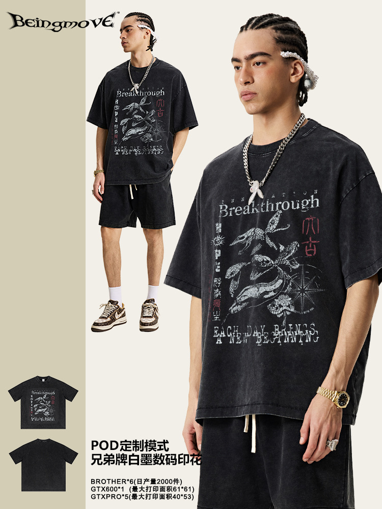 2025 verano marcas de tendencia europeas y americanas nicho oscuro diseño suelto impresión de año de serpiente hacer viejas camisetas de cuello redondo de manga corta para hombres