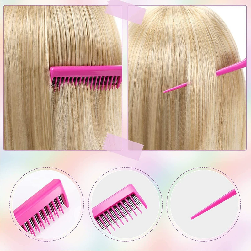 Hairdressing comb set, 8-piece pink, plastic styling combs and clips for sectioning