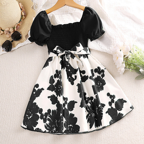 2024 Girls' Summer Dress New Children's Formal Wear Short Sleeve Printed Princess Dress European and American Children's Clothing Wholesale