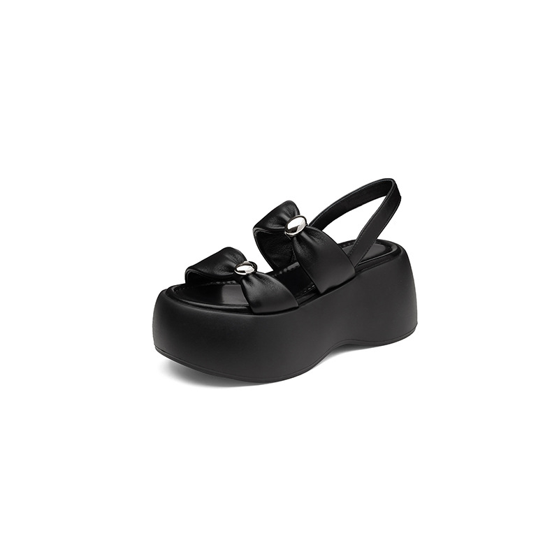 Sandal nữ đế xuồng dày 8cm quai ngang hở mũi phong cách La Mã — đen, trắng
