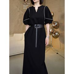 送腰带!时尚法式文艺高级感中袖连衣裙夏季新款优雅显瘦A字裙7517