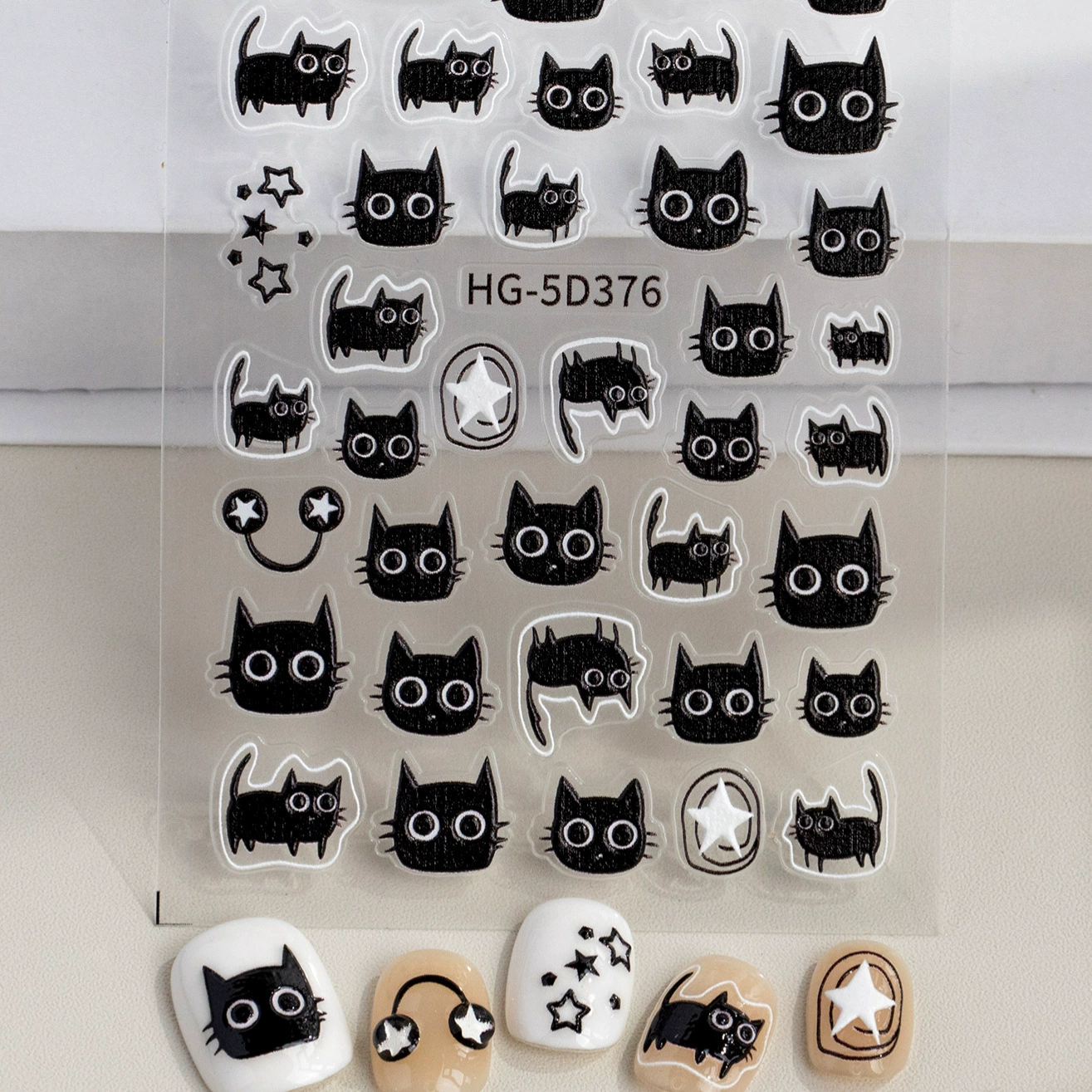 Милые наклейки для ногтей с черными котиками, 5D объемные, с мультяшными черными котятами, модель HG, не требуют запекания.