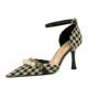 8323-9 Korean Banquet Hollow High Heels Checkered Thousand Bird Plaid Pearl Metal Chain with Sandals Female