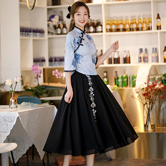 Memories of Beauty Spring and Summer New Girls Fresh Chiffon Cheongsam Daily Fresh Improved Cheongsam Dress Set