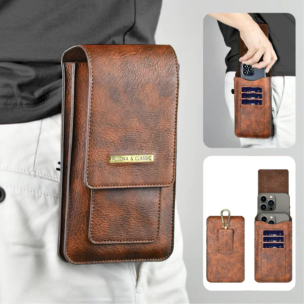 Crazy Horse Pattern Phone Waist Bag Dual-Slot Outdoor Hiking Bag Men's Magnetic Belt Clip Business Commuting Belt Waist Bag