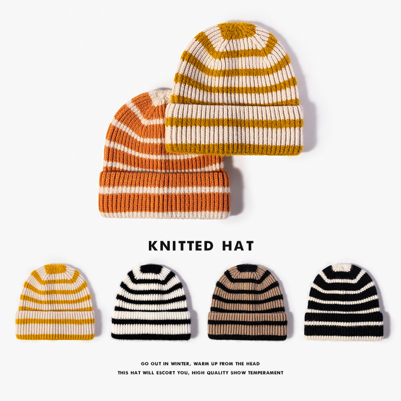 Autumn and Winter European and American Style Knitted Hat for Men, Fashionable Striped Rolled-Edge Brimless Beanie for Women, Outdoor Warm Thickened Wool Hat