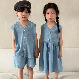 Children's Summer Denim suit Boys 2025 New Summer Casual Baby Girls' Vest dress Brothers and Sisters