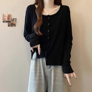 Design-Sense Lace Stitching Long-Sleeved Base Sweater Women's Spring and Autumn plus size Slimming Belly-Covering Base Top for Chubby Sister