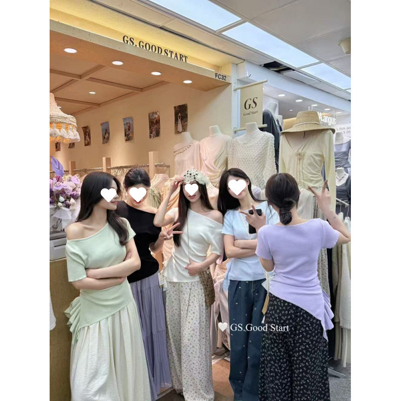 2025新款斜肩装春夏荷叶飘带不规则褶皱收腰设计感针织衫时尚修身|undefined