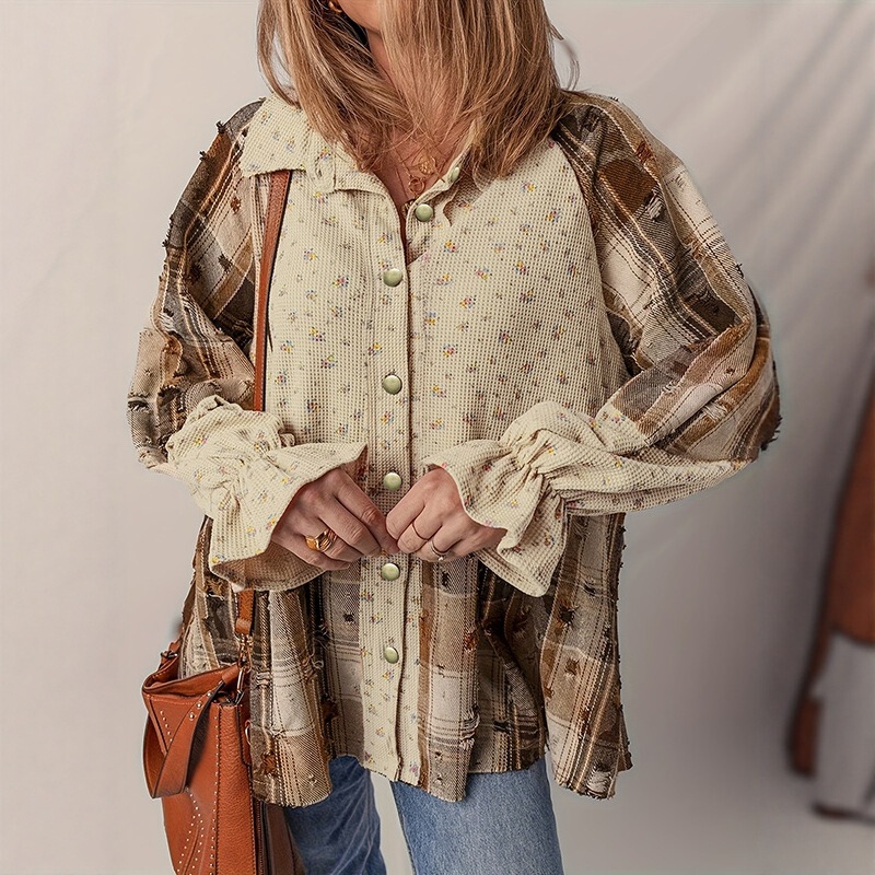 Cross-Border New 2025 European and American New Retro Plaid Splicing Shirt Women's Long-Sleeved Loose Design Shirt