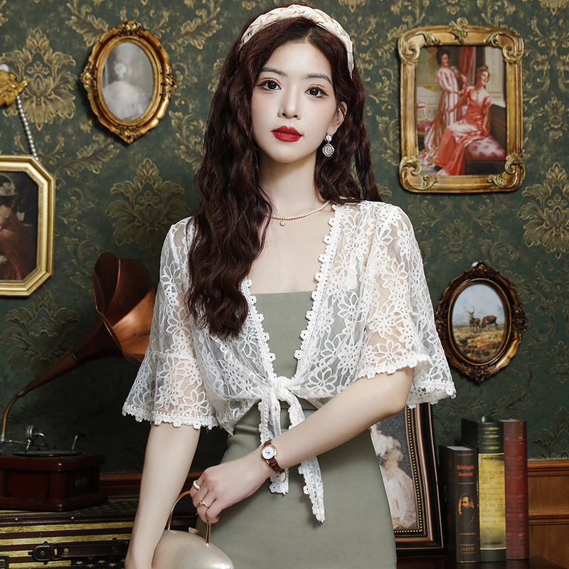 Lace Hollow Sunscreen Clothing Women's Summer Thin Lace-up Outer Cardigan Short Loose Dress Sling Small Shawl Lace Hollow Sunscreen Clothing Women's Summer Thin Lace-up Outer Cardigan Short Loose Dress Sling Small Shawl